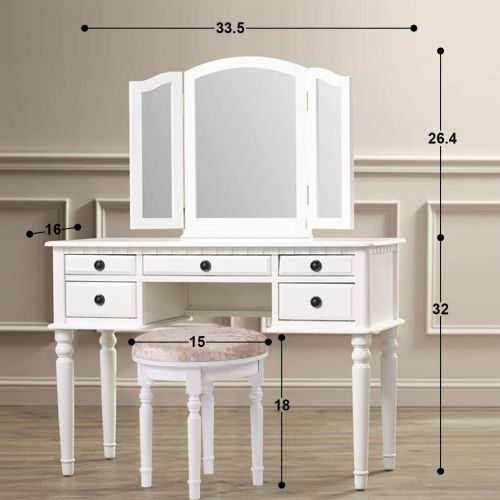  FDW Makeup Vanity Table Set 3 Mirror and 5 Organization Drawers Vanity Beauty Set with Cushioned Stool,White