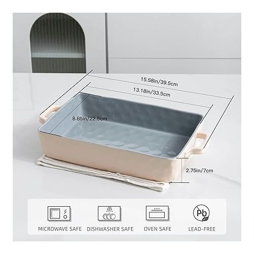  Fun elements Ceramic Baking Pan, 9 x 13 inch Rectangular Bakeware with Handles for Casserole Dishes, Cakes, Lasagna Plates, Parties and Everyday Use (Grey)