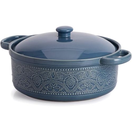  FE FUN ELEMENTS FUN ELEMENTS Casserole Dish, 2 Quart Lace Emboss Casserole Dish with Lid, Oven to Table Ceramic Round Serving Dish with Handles for Dinner and Party(Grayish Blue)