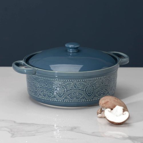  FE FUN ELEMENTS FUN ELEMENTS Casserole Dish, 2 Quart Lace Emboss Casserole Dish with Lid, Oven to Table Ceramic Round Serving Dish with Handles for Dinner and Party(Grayish Blue)