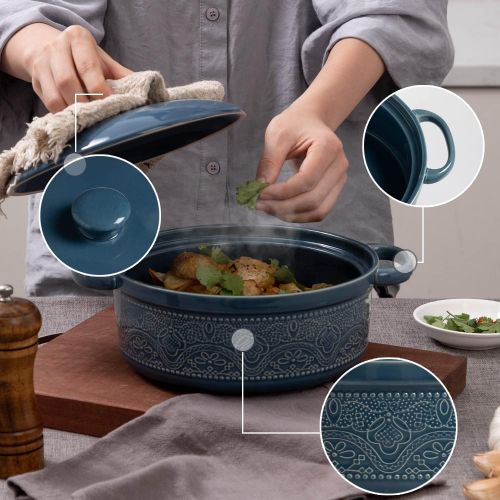  FE FUN ELEMENTS FUN ELEMENTS Casserole Dish, 2 Quart Lace Emboss Casserole Dish with Lid, Oven to Table Ceramic Round Serving Dish with Handles for Dinner and Party(Grayish Blue)