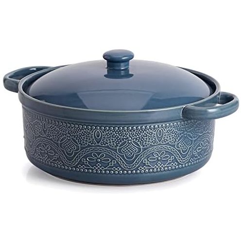  [아마존베스트]FE FUN ELEMENTS FE Casserole Dish with Lid, 2 Quart Ceramic Casserole Pan with Lace Emboss for Bakeware Oven (Blue)