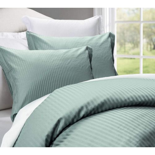  Feather & Stitch 500 Thread Count 100% Cotton Stripe Sheets + 2 Pillowcases, Soft Sateen Weave, Deep Pocket, Hotel Collection, Luxury Bedding Set (Granite Green, Split King)