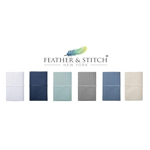  Feather & Stitch 500 Thread Count 100% Cotton Stripe Sheets + 2 Pillowcases, Soft Sateen Weave, Deep Pocket, Hotel Collection, Luxury Bedding Set (Granite Green, Split King)