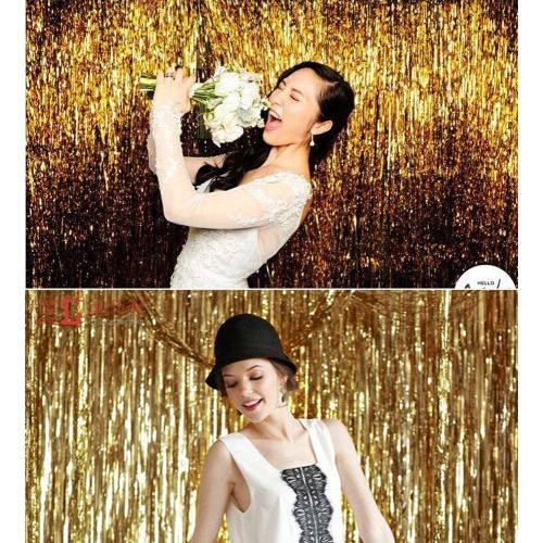  FECEDY 2pcs 3ft x 8.3ft Gold Metallic Tinsel Foil Fringe Curtains Photo Booth Props for Birthday Wedding Engagement Bridal Shower Baby Shower Bachelorette Holiday Celebration Party