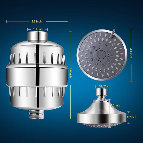  Shower Head and 15 Stage Shower Filter Combo, FEELSO High Pressure 5 Spray Settings Filtered Showerhead with Water Softener Filter Cartridge for Hard Water Remove Chlorine and Harm