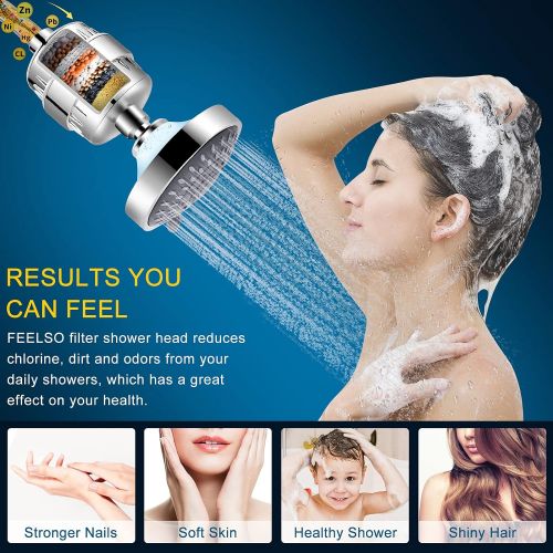  Shower Head and 15 Stage Shower Filter Combo, FEELSO High Pressure 5 Spray Settings Filtered Showerhead with Water Softener Filter Cartridge for Hard Water Remove Chlorine and Harm
