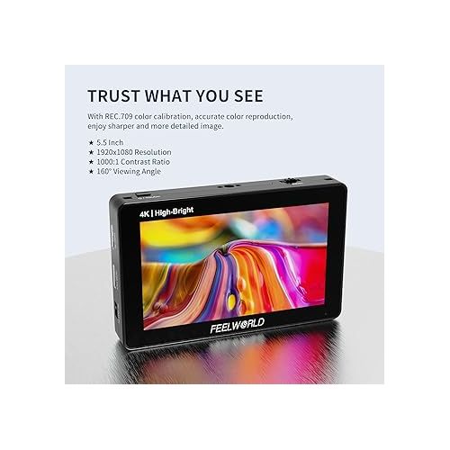  FEELWORLD F6 PLUSX 5.5 Inch 1600nit High Bright DSLR Camera Field Touch Screen Monitor with Waveform HDR 3D Lut Small Full HD 1920x1080 IPS Video Peaking Focus Assist 4K HDMI Type-c Input