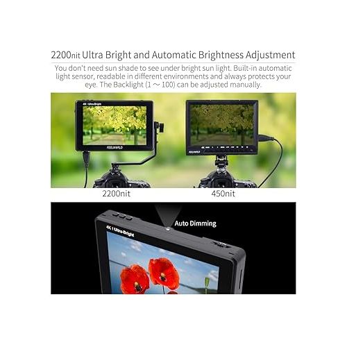  FEELWORLD LUT7 7 Inch Ultra Bright 2200nit Touchscreen Camera DSLR Field Monitor with 3D Lut Waveform Automatic Light Sensor 1920x1200 4K HDMI Input