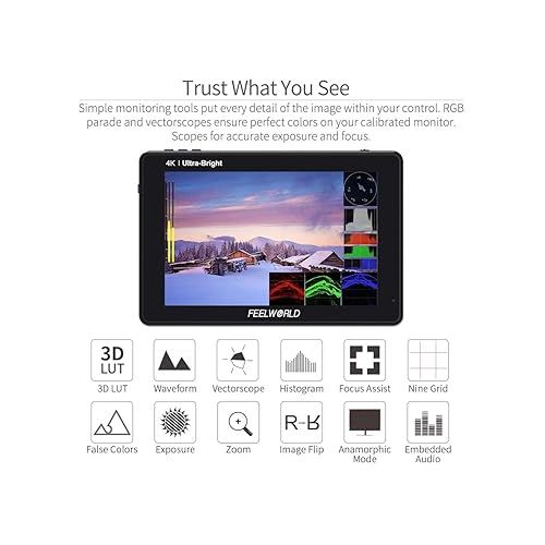  FEELWORLD LUT7 7 Inch Ultra Bright 2200nit Touchscreen Camera DSLR Field Monitor with 3D Lut Waveform Automatic Light Sensor 1920x1200 4K HDMI Input