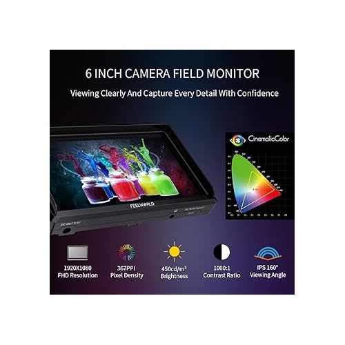  FEELWORLD FW568 V3 Upgrade 6 Inch Camera Field Monitor with 4k HDMI Ultra Bright Screen 3D Lut Small Full HD 1920x1080 IPS Video Peaking Focus for DSLR Cameras Include Sunshade and Tilt Arm Mount