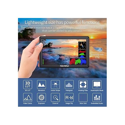  FEELWORLD FW568 V3 Upgrade 6 Inch Camera Field Monitor with 4k HDMI Ultra Bright Screen 3D Lut Small Full HD 1920x1080 IPS Video Peaking Focus for DSLR Cameras Include Sunshade and Tilt Arm Mount