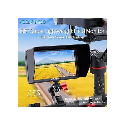  FEELWORLD S55 5.5 inch Camera DSLR Field Monitor Small Full HD 1920x1152 IPS LUT Video Peaking Focus Assist with 4K HDMI 8.4V DC Input Output Include Tilt Arm