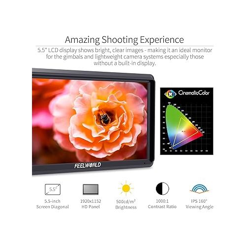  FEELWORLD S55 5.5 inch Camera DSLR Field Monitor Small Full HD 1920x1152 IPS LUT Video Peaking Focus Assist with 4K HDMI 8.4V DC Input Output Include Tilt Arm