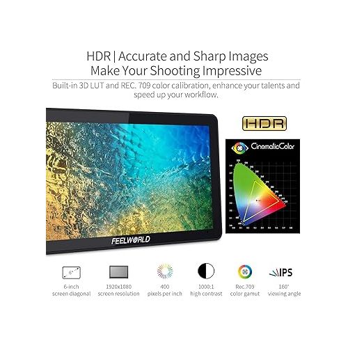  FEELWORLD F6 Plus V2 6 inch DSLR Camera Field Touch Screen Monitor with HDR 3D Lut Small Full HD 1920x1080 IPS Video Peaking Focus Assist 4K HDMI 8.4V DC Input Output Include Tilt Arm