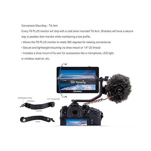  FEELWORLD F6 Plus 5.5 Inch 3D Touch Screen IPS FHD1920x1080 Support 4K HDMI Field Monitor On DSLR Camera DC and Type-C Input with Battery F750, Tilt Arm and 12V Adapter (with Battery and Charger)