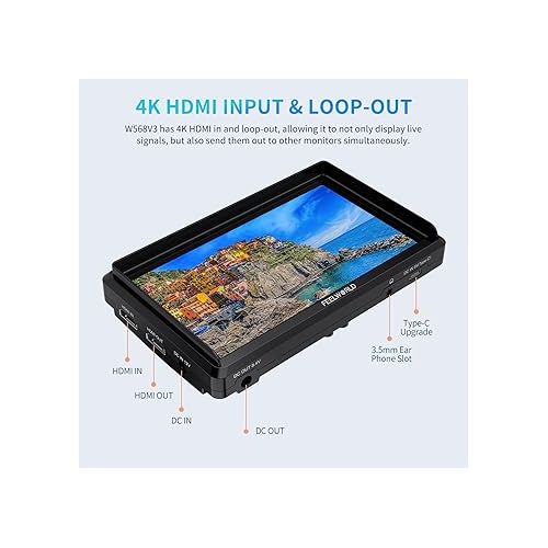  FEELWORLD FW568 V3 6 inch DSLR Camera Field Monitor with Waveform LUTs Video Peaking Focus Assist 1920x1080 IPS with 4K HDMI 8.4V DC Input Output