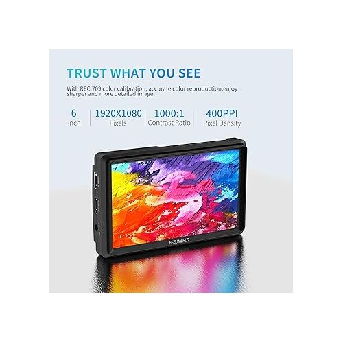  FEELWORLD FW568 V3 6 inch DSLR Camera Field Monitor with Waveform LUTs Video Peaking Focus Assist 1920x1080 IPS with 4K HDMI 8.4V DC Input Output
