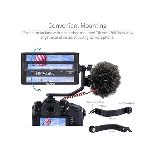  FEELWORLD F5 5 Inch DSLR Camera Field Monitor Small Full HD 1920x1080 IPS Video Peaking Focus Assist with 4K HDMI 8.4V DC Input Output Listen Tilt Arm