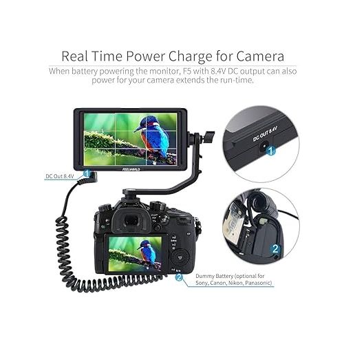  FEELWORLD F5 5 Inch DSLR Camera Field Monitor Small Full HD 1920x1080 IPS Video Peaking Focus Assist with 4K HDMI 8.4V DC Input Output Listen Tilt Arm