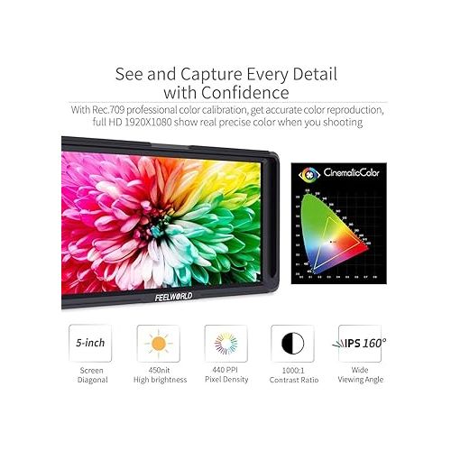  FEELWORLD F5 5 Inch DSLR Camera Field Monitor Small Full HD 1920x1080 IPS Video Peaking Focus Assist with 4K HDMI 8.4V DC Input Output Listen Tilt Arm
