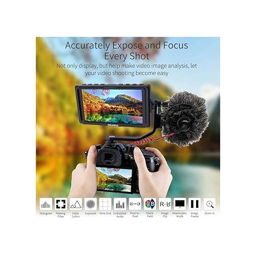  FEELWORLD F5 5 Inch DSLR Camera Field Monitor Small Full HD 1920x1080 IPS Video Peaking Focus Assist with 4K HDMI 8.4V DC Input Output Listen Tilt Arm