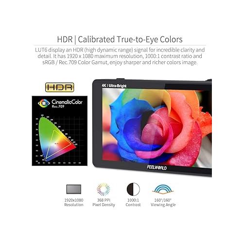  FEELWORLD LUT6 6 Inch 2600nits HDR 3D LUT Touch Screen DSLR Camera Field Monitor with Waveform VectorScope Histogram 4K HDMI Input Output 1920X1080