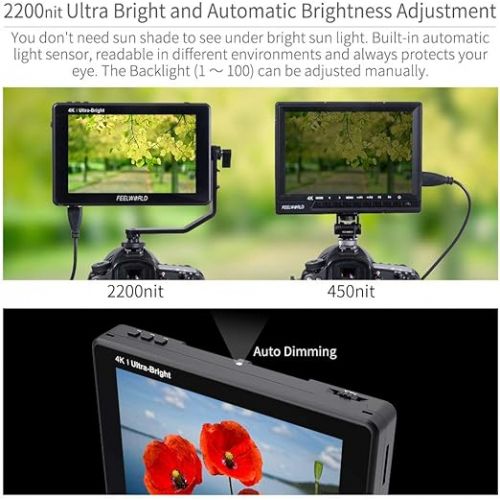  FEELWORLD LUT7S 7 Inch 2200nit Ultra Bright SDI Touch Screen DSLR Camera Field Monitor with 3D Lut Waveform Vectorscope Automatic Light Sensor HD 1920x1200 3G SDI 4K HDMI Input 8.4V DC Output Tilt Arm