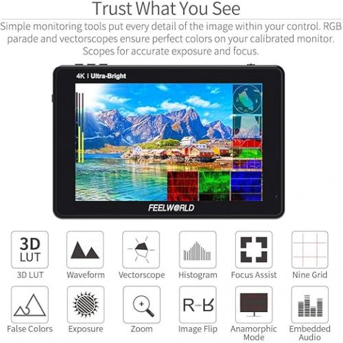  FEELWORLD LUT7S 7 Inch 2200nit Ultra Bright SDI Touch Screen DSLR Camera Field Monitor with 3D Lut Waveform Vectorscope Automatic Light Sensor HD 1920x1200 3G SDI 4K HDMI Input 8.4V DC Output Tilt Arm