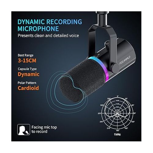  FEELWORLD PM1 XLR USB Dynamic Microphone with Boom Arm Stand for Podcast Recording PC Computer Gaming Live Streaming Vocal Voice-Over, Studio Metal Mic, RGB Light, Mute Button, Headphones Jack