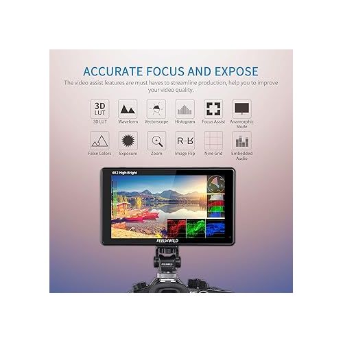  FEELWORLD LUT6E 6 Inch 1600nit Hight Bright Touchscreen DSLR Camera Field Monitor with 3D Lut Waveform Vectorscope Automatic Light Sensor HD 1920x1200 4K HDMI Input