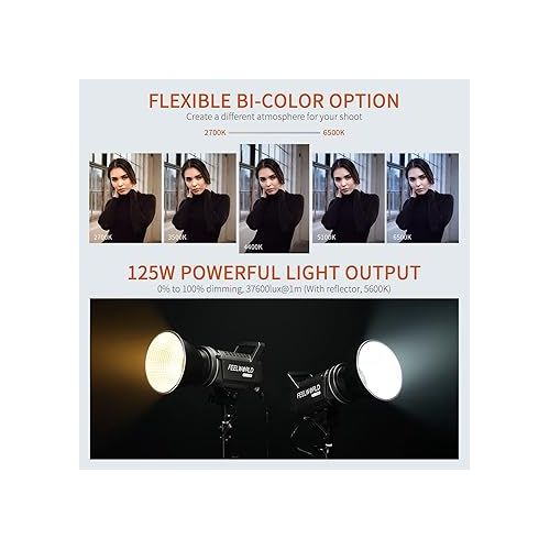 FEELWORLD FL125B 125W Video Studio Light with 2700K~6500K Bi-Color Continuous Lighting CRI96+ TLCI97+ 37600lux@1m for Film, Live Streaming, Videography, Photography, Wedding, Interview
