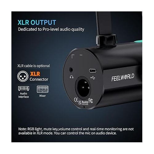  FEELWORLD PM1 XLR USB Dynamic Microphone for Podcast Recording PC Computer Gaming Live Streaming Vocal Voice-Over, Studio Metal Mic with Voice-Isolating, RGB Light, Mute Button, Headphones Jack