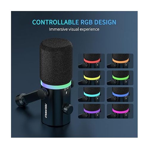  FEELWORLD PM1 XLR USB Dynamic Microphone for Podcast Recording PC Computer Gaming Live Streaming Vocal Voice-Over, Studio Metal Mic with Voice-Isolating, RGB Light, Mute Button, Headphones Jack