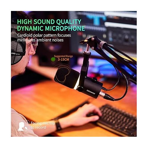  FEELWORLD Multipurpose Dynamic Microphone Kit XLR USB Gaming Mic with Stand RGB Cardioid for Vocal Podcast Recording PC Streaming PM1-AS