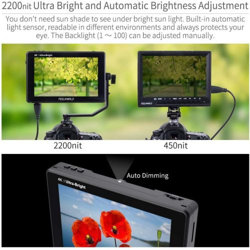  FEELWORLD LUT7 7 Inch Ultra Bright 2200nit Touch Screen Camera DSLR Field Monitor with 3D Lut Waveform Vectorscope Automatic Light?Sensor 1920x1200 Video Assist 4K HDMI Input 8.4V