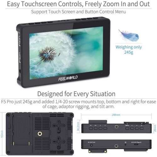  FEELWORLD F5 Pro 5.5 Inch Touch Screen DSLR Camera Field Monitor with External Kit Install The Equipment IPS FHD1920x1080 4K HDMI Input Output 5 V Type-c Input Lightweight DesignTi