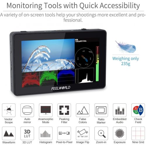  FEELWORLD F6 Plus 5.5 inch DSLR Camera Field Touch Screen Monitor with HDR 3D Lut Small Full HD 1920x1080 IPS Video Peaking Focus Assist 4K HDMI 8.4V DC Input Output Include Tilt A