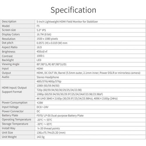  FEELWORLD F5 5 Inch DSLR On Camera Field Monitor Small Full HD 1920x1080 IPS Video Peaking Focus Assist with 4K HDMI 8.4V DC Input Output Include Tilt Arm