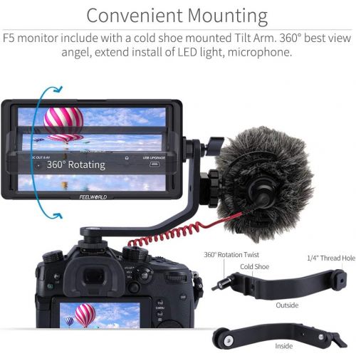  FEELWORLD F5 5 Inch DSLR On Camera Field Monitor Small Full HD 1920x1080 IPS Video Peaking Focus Assist with 4K HDMI 8.4V DC Input Output Include Tilt Arm