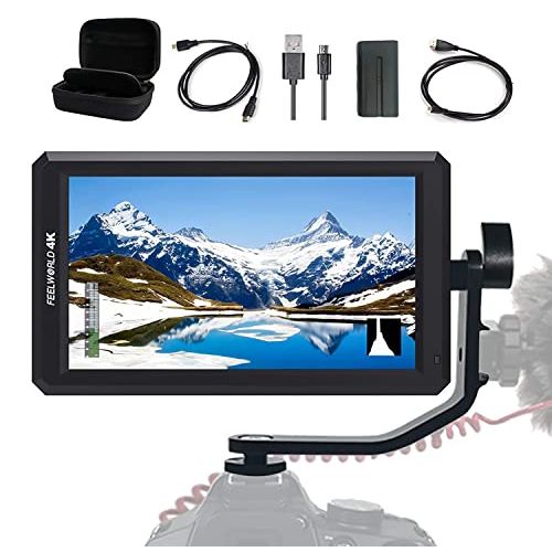  FEELWORLD F6+Battery+ Integrated Battery Charger + Micro&Mini HDMI Cords 5.7Inch FHD IPS On Camera 4K HDMI Monitor with Swivel Arm and 8V DC Power Output