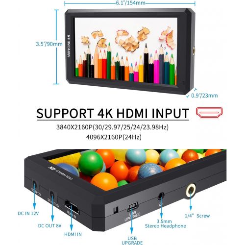  FEELWORLD F6+Battery+ Integrated Battery Charger + Micro&Mini HDMI Cords 5.7Inch FHD IPS On Camera 4K HDMI Monitor with Swivel Arm and 8V DC Power Output