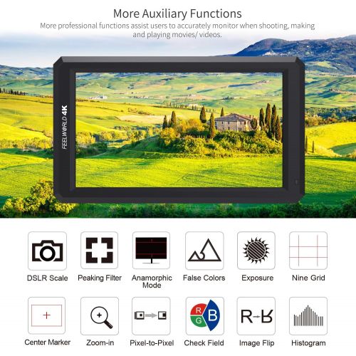  FEELWORLD F6+Battery+ Integrated Battery Charger + Micro&Mini HDMI Cords 5.7Inch FHD IPS On Camera 4K HDMI Monitor with Swivel Arm and 8V DC Power Output
