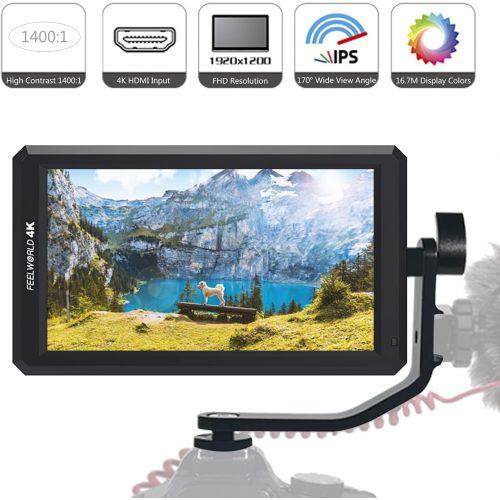  FEELWORLD F6+Battery+ Integrated Battery Charger + Micro&Mini HDMI Cords 5.7Inch FHD IPS On Camera 4K HDMI Monitor with Swivel Arm and 8V DC Power Output