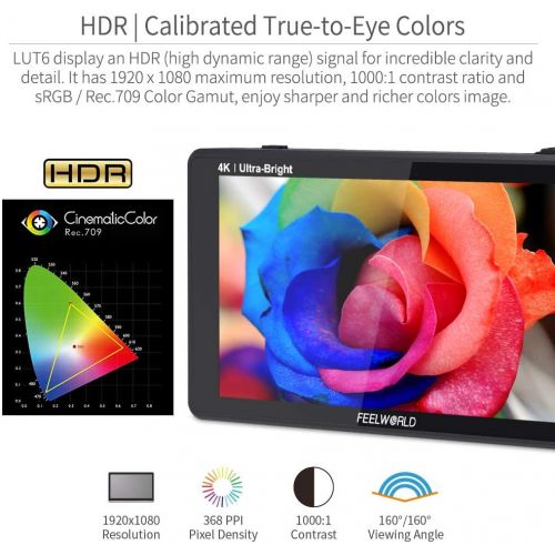  FEELWORLD LUT6 6 Inch 2600nits HDR 3D LUT Touch Screen DSLR Camera Field Monitor with Waveform VectorScope Histogram 4K HDMI Input Output 1920X1080 IPS Panel
