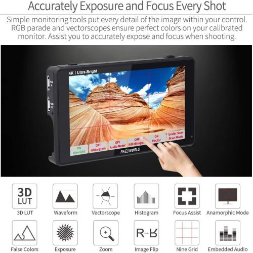  FEELWORLD LUT6 6 Inch 2600nits HDR 3D LUT Touch Screen DSLR Camera Field Monitor with Waveform VectorScope Histogram 4K HDMI Input Output 1920X1080 IPS Panel