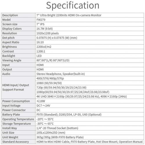  FEELWORLD FW279 7 Inch 2200nit Ultra Bright DSLR Camera Field Monitor High Brightness Sunlight Viewable Full HD 1920x1200 4K HDMI Input Output