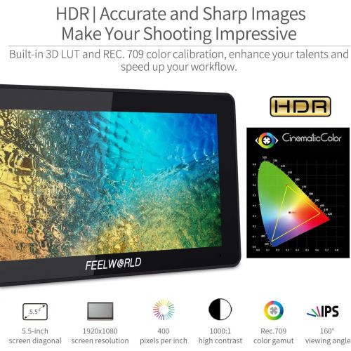  FEELWORLD F6 Plus 5.5 inch DSLR Camera Field Touch Screen Monitor with HDR 3D Lut Small Full HD 1920x1080 IPS Video Peaking Focus Assist 4K HDMI 8.4V DC Input Output Include Tilt A