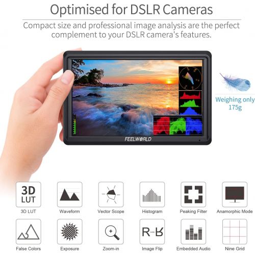  FEELWORLD FW568 V2 5.5 inch DSLR Camera Field Monitor with Waveform LUTs Video Peaking Focus Assist Small Full HD 1920x1152 IPS with 4K HDMI 8.4V DC Input Output Include Tilt Arm