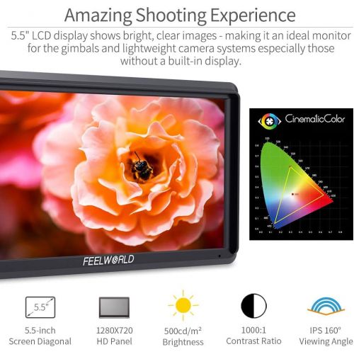  FEELWORLD S55 5.5 Inch 4K HDMI IPS On Camera Video Field Monitor, Small Full HD 1280x720 Vlogging Video Peaking Foucus Assist Monitor Swivel Arm with 8.4V DC Output